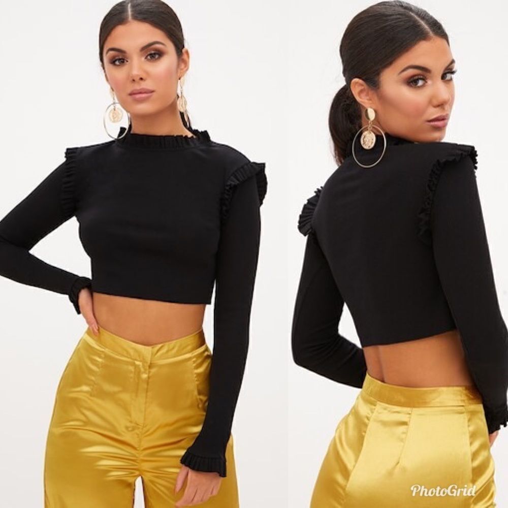 2/$20 PLT Black Ribbed Frill Edge Long Sleeve Top